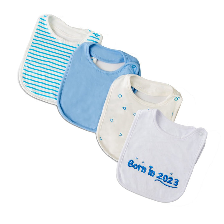 Born in 2023 4 pack of blue baby bibs & Drool cloths - FoxE Baby