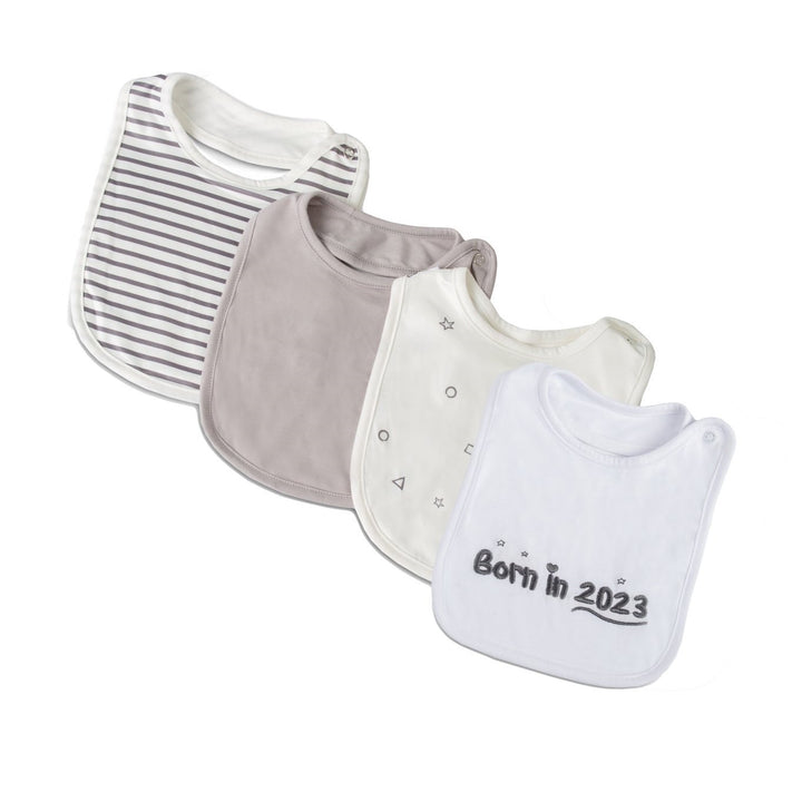 Born in 2023 4 pack of grey baby bibs & Drool cloths - FoxE Baby