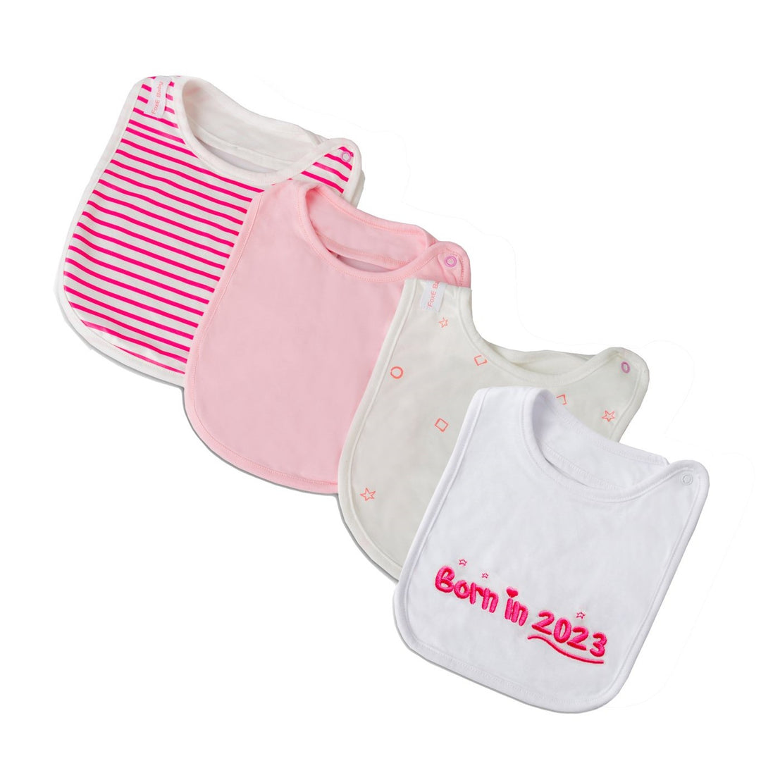 Born in 2023 4 pack of pink baby bibs & Drool cloths - FoxE Baby