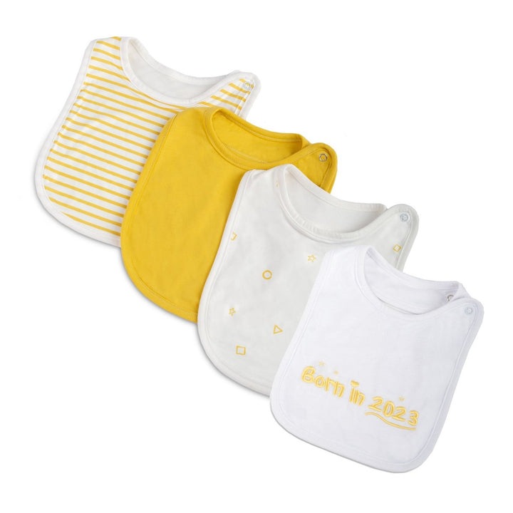 Born in 2023 4 pack of yellow baby bibs & Drool cloths - FoxE Bab