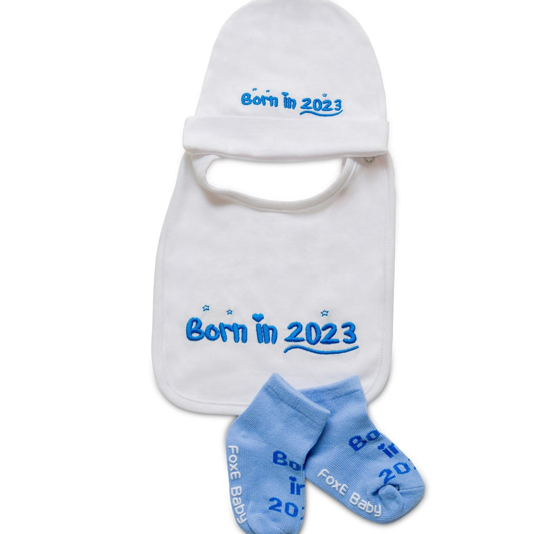 Blue Born In 2023 Bib, Beanie, and socks gift set - FoxE Baby