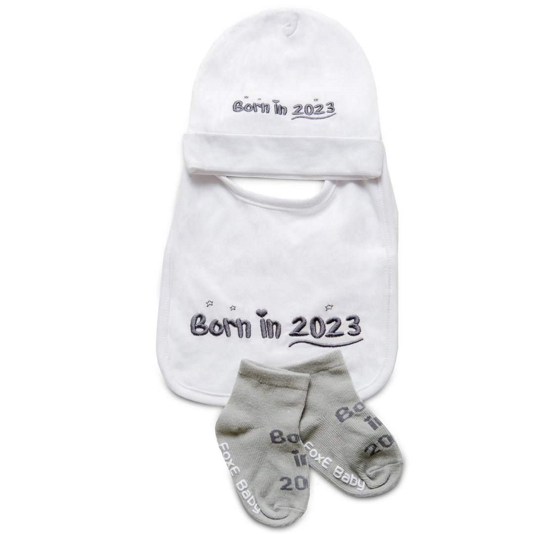 Grey  Born In 2023 Bib, Beanie, and socks gift set - FoxE Baby