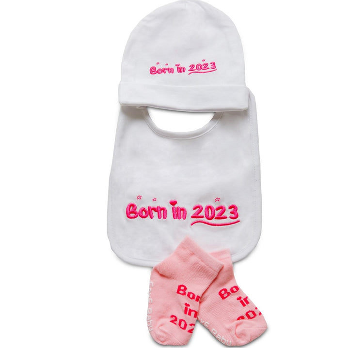 Pink Born In 2023 Bib, Beanie, and socks gift set - FoxE Baby