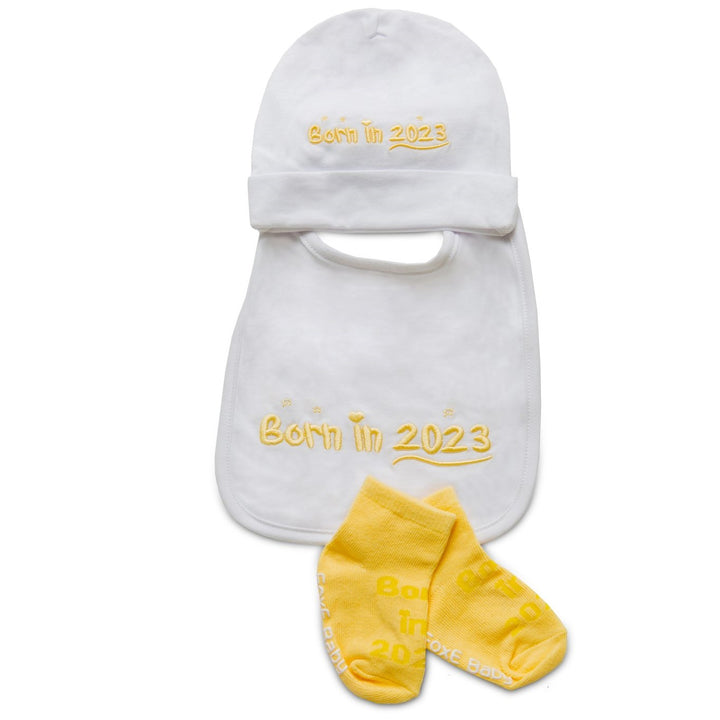 Yellow Born In 2023 Bib, Beanie, and socks gift set - FoxE Baby