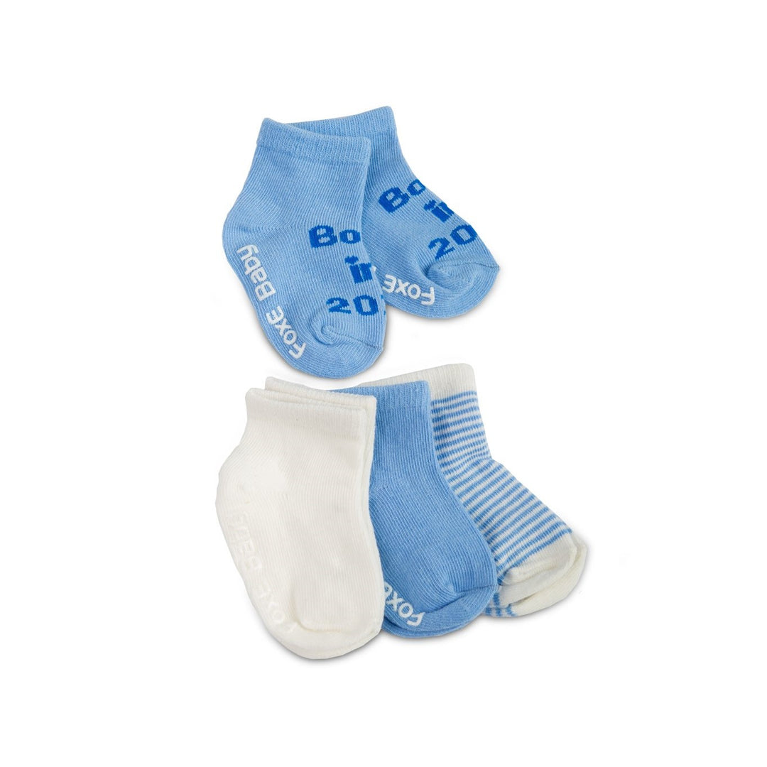 Born In 2023, a blue 4 pack of soft modal cotton socks - FoxE Baby.