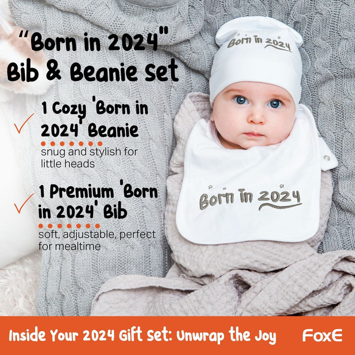 Born In 2024 Bib and Beanie set - FoxE Baby