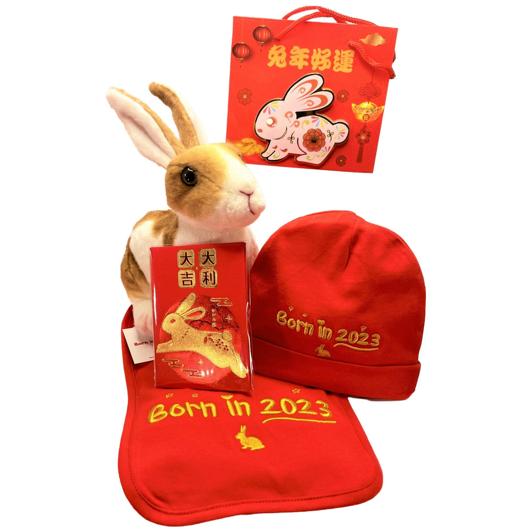 Chinese Year of the Rabbit gift set including a Year of the Rabbit bib, beanie, and a cuddly toy rabbit. - FoxE Baby